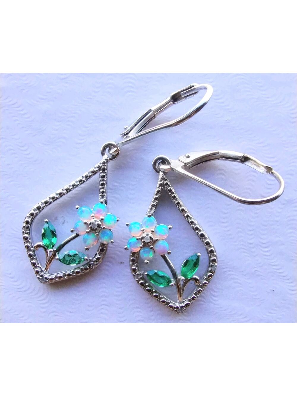 RichLine RL NEW Opal Emerald Flower 925 Sterling Silver Dangle Drop Earrings